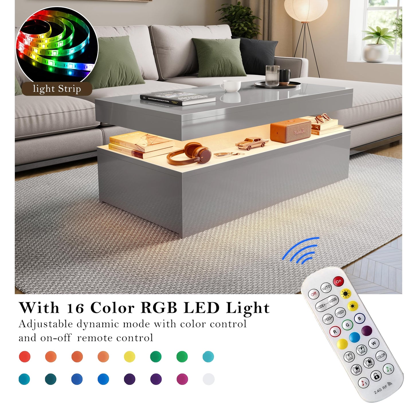 Blisswood High Gloss Coffee Table for Living Room, Rectangle Centre Table with 2 Drawer Storage, Modern Wooden Tea Table with LED RGB Lights for Home, Office & Living Room Furniture - White