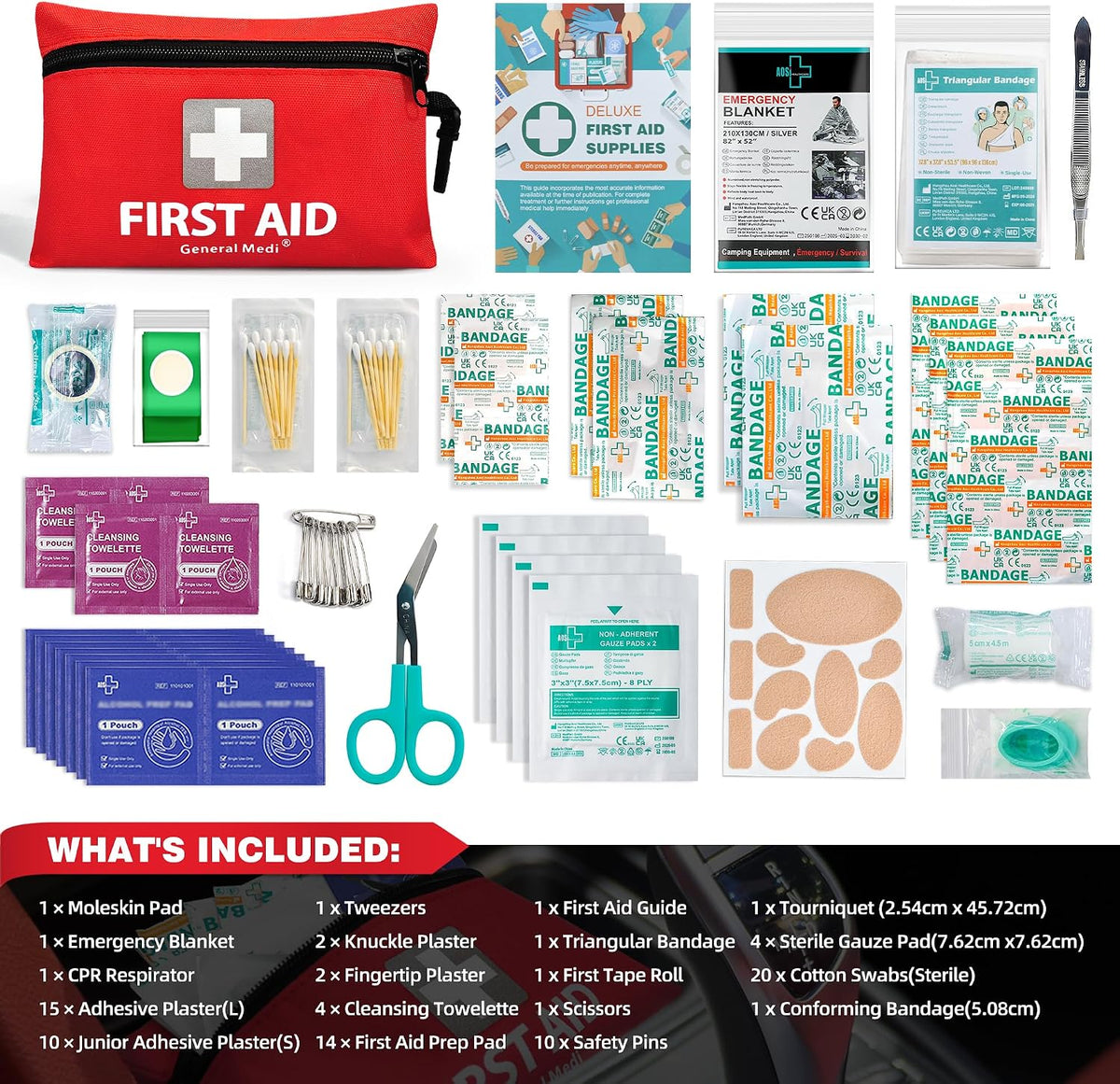 General Medi Mini First Aid Kit, 92 Pieces Small First Aid Kit - Includes Emergency Foil Blanket, Scissors for Travel, Home, Office, Vehicle, Camping, Workplace & Outdoor (Red)