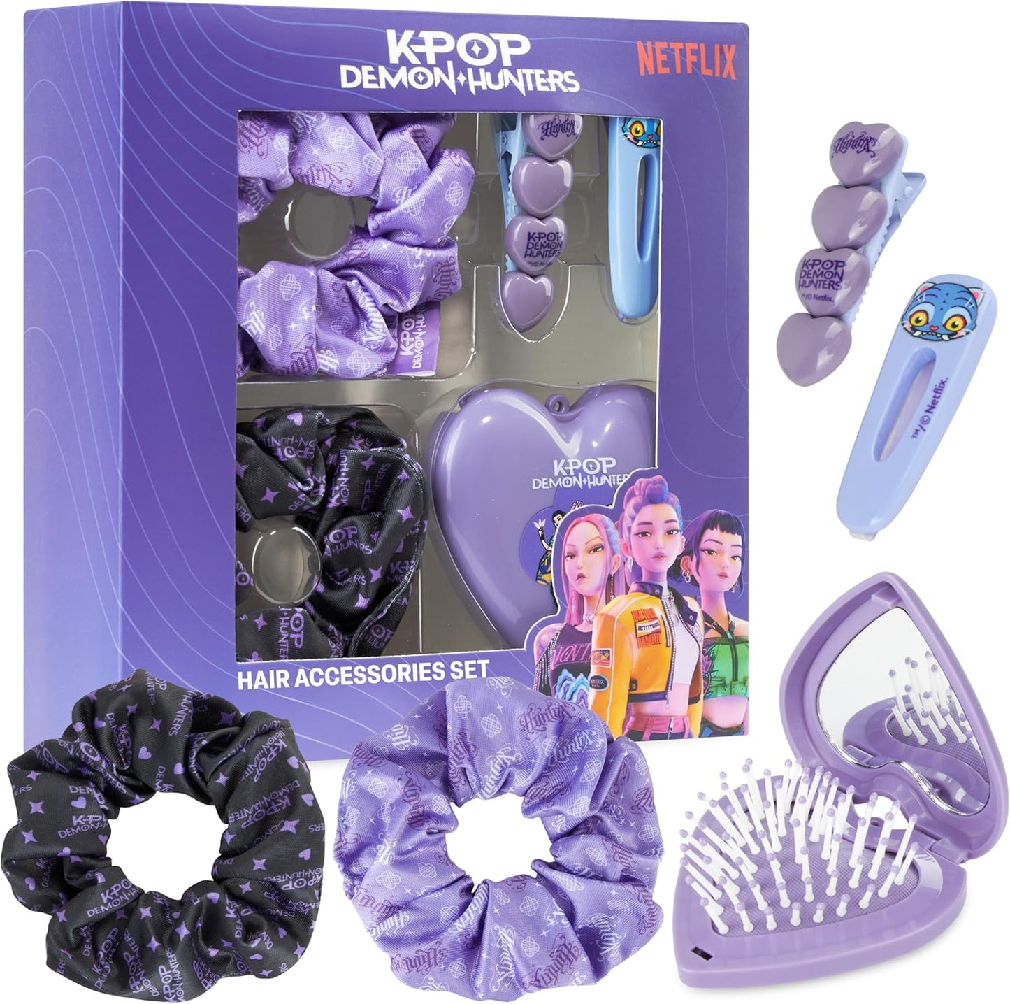 Get Trend Kpop Demon Hunters Huntrix Hair Accessories for Girls and Teens, 5 Piece Set with Hair Clips, Scrunchies & Foldable Hair Brush with Compact Mirror, For School, Outing and Travel, Kpop Gifts