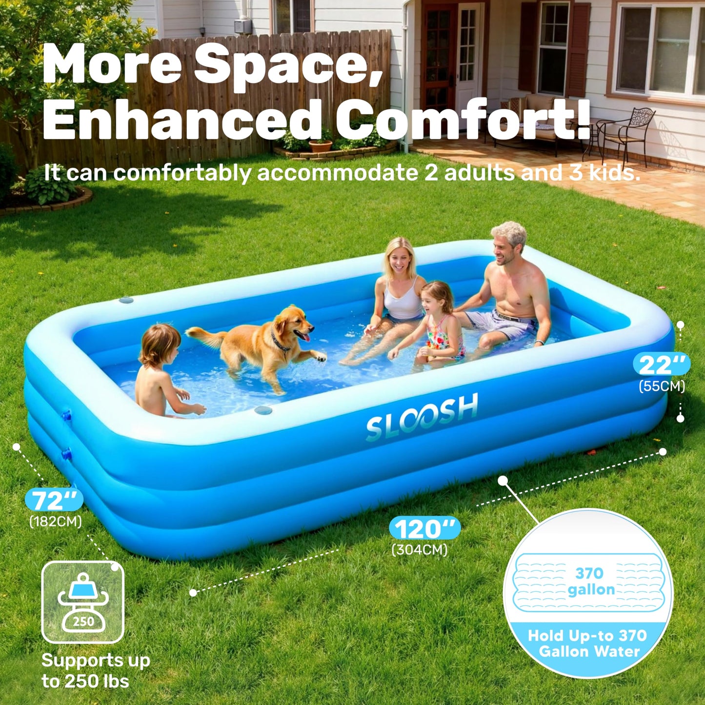 Sloosh Inflatable Swimming Pool for Adults with Seats, 304.8 x 182.8 x 55.8cm Full-Sized Blow Up Durable Thickened Above Ground Family Pool, Large Paddling Pool for Summer Water Party Garden Lawn,Blue