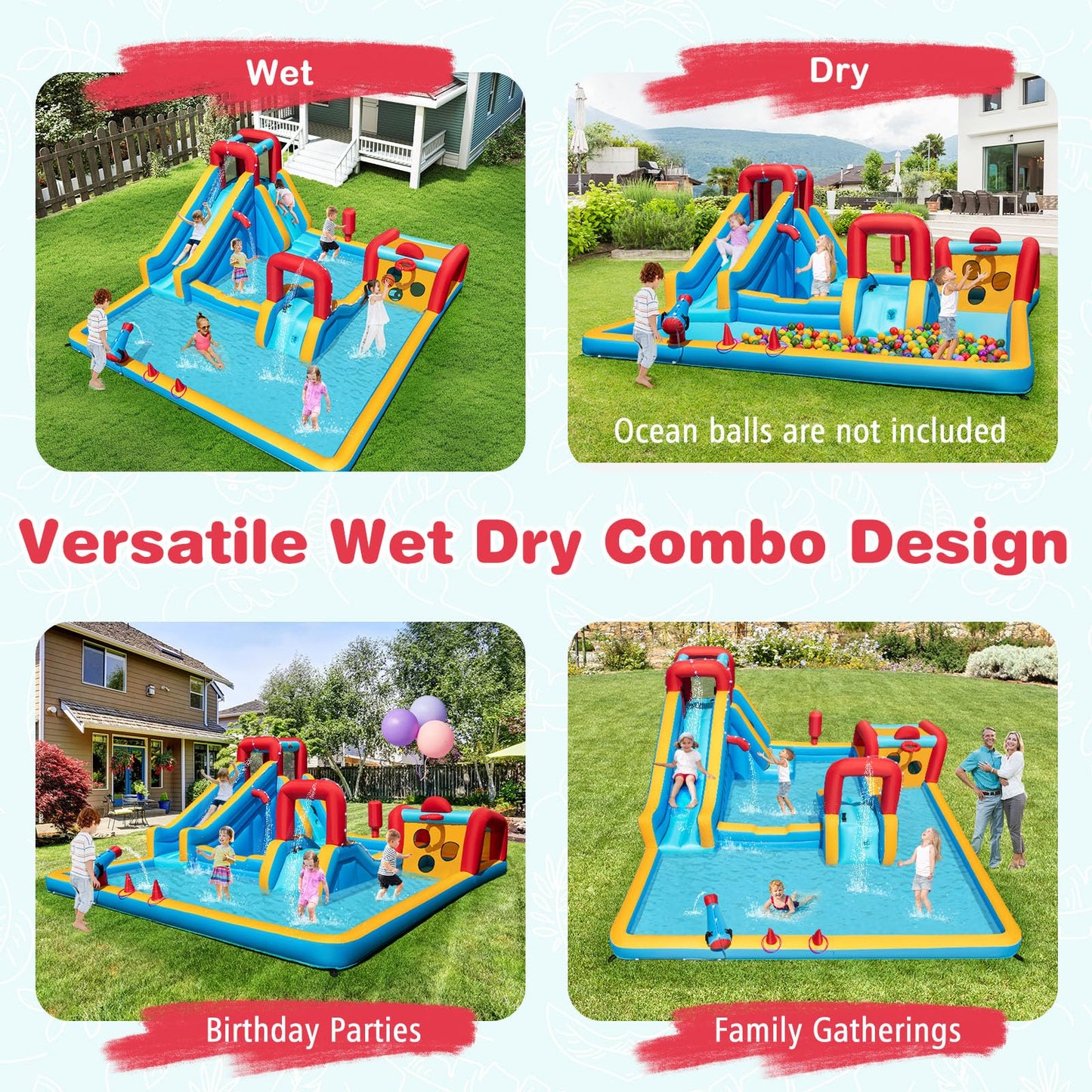 COSTWAY Inflatable Water Park, 9 in 1 Giant Kids Bouncy Castle with Double Slides, Climbing Wall, Splash Pools, Water Cannon, Outdoor Blow Up Bounce House for 3-12 Years Old (without blower)