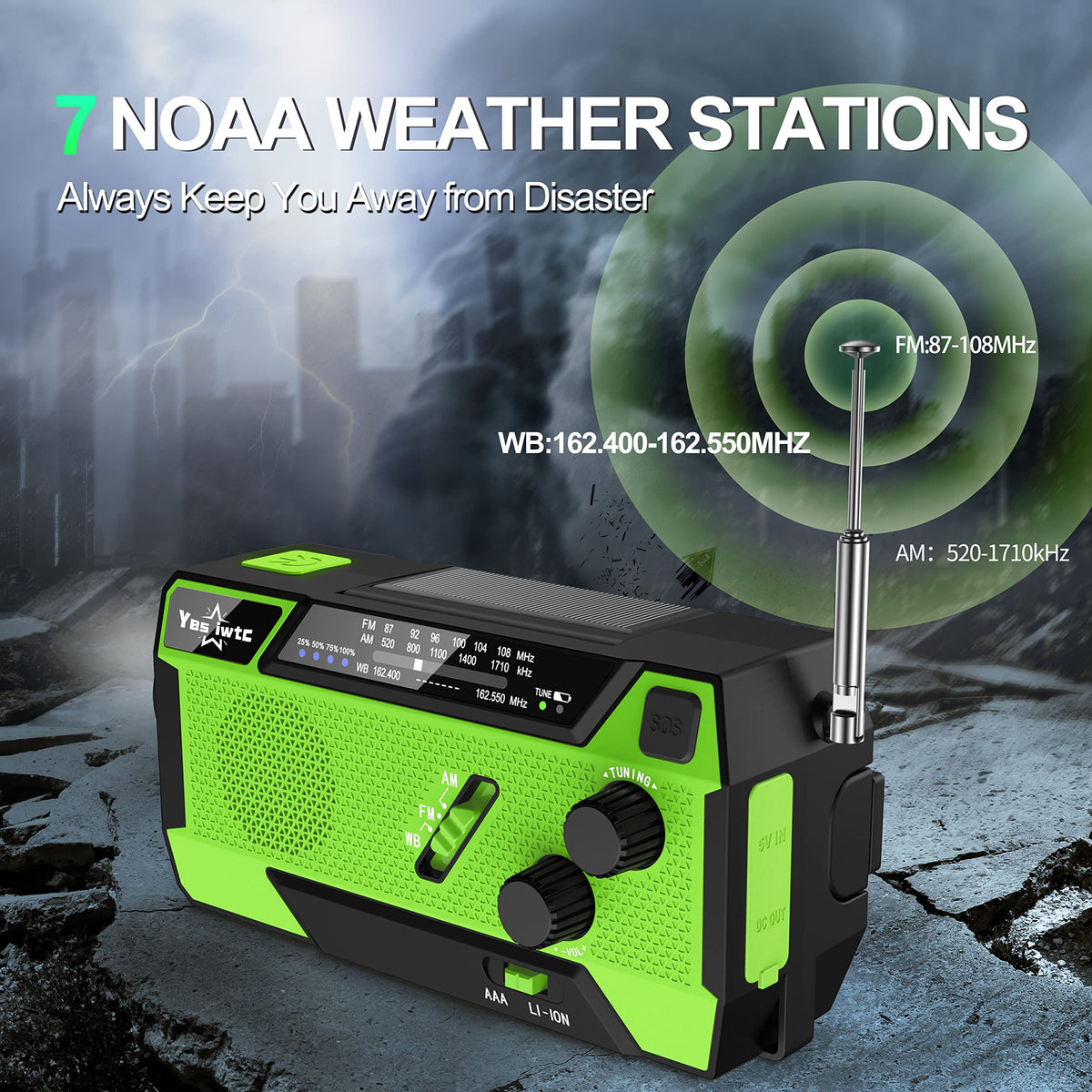 Wind Up Solar Radio, 7400mWh (2000mAh) Solar Powered Radio Emergency Hand Crank Radio with 3 Built-in Cables, Battery Operated, SOS Alarm & Flashlight, Emergency wind up torch for Hurricane, Emergency