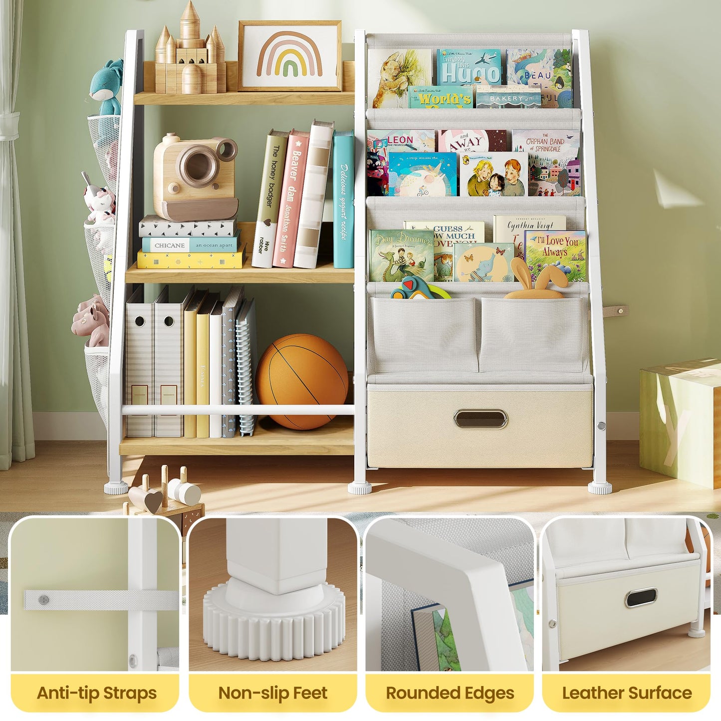 GoTiling Kids Bookshelf and Toy Storage Organizer: 3-Tier Sling Book Shelf with 3 Side Pockets for Kids Room - Toy Storage Organizer with 2 Fabric Drawers for Nursery, Bedroom, Playroom