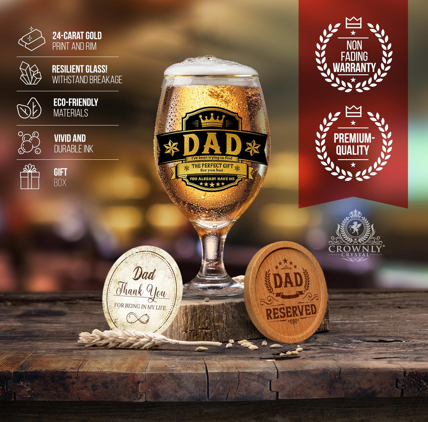 Crownly Crystal® Gold Birthday Gifts: Dad's Beer Glasses
