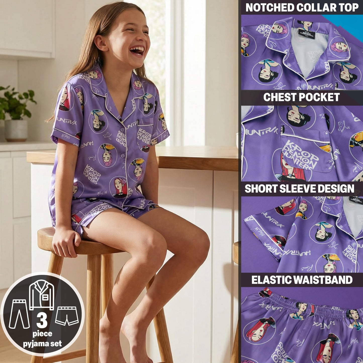 Get Trend KPop Demon Hunters Huntrix Girls Satin Pyjama Set 5-14 Yrs, 3 Pcs Button-Down Shirt, Pj Shorts & Loungewear Bottoms