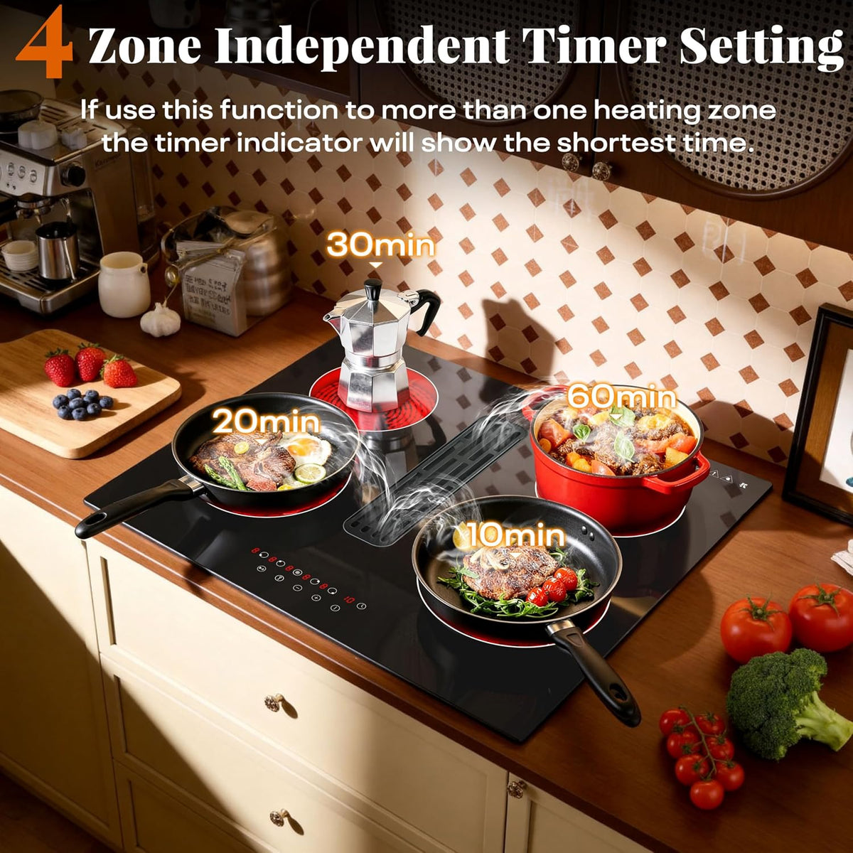 Karinear Electric Ceramic Hob 60cm 4 Zones with Built-in Extractor Hood