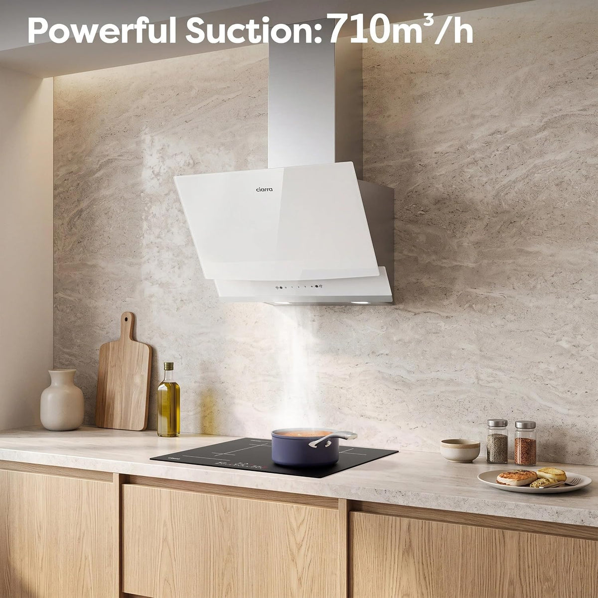 CIARRA 60cm White Angled Cooker Hood, Gesture Control, A+++, CBCW6736A