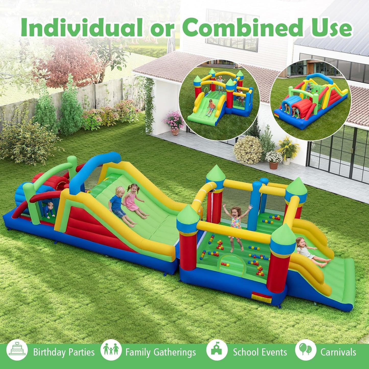 COSTWAY Giant 2-Part Inflatable Bounce House with Obstacle Course, Dual Slides & Tunnels — 940cm | Ages 3-12