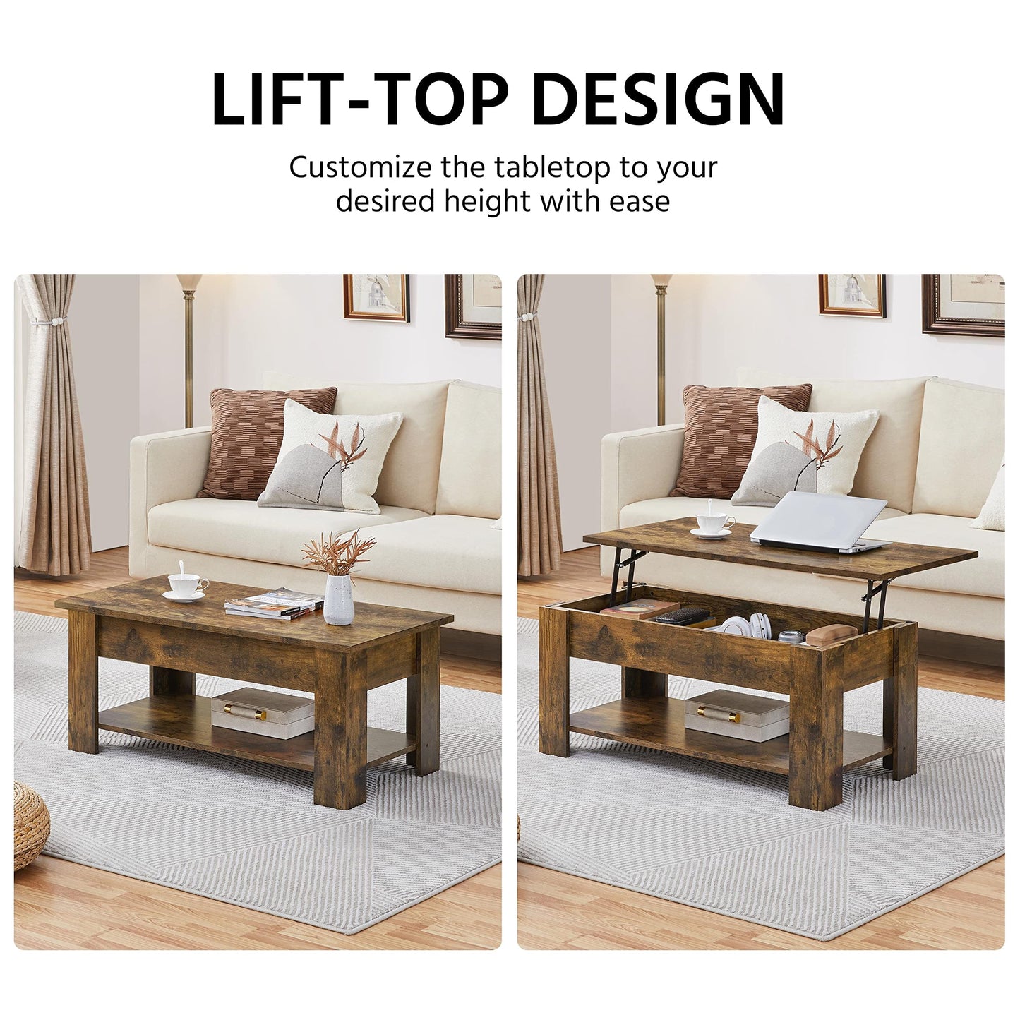 Yaheetech Lift Up Coffee Table, Wooden Lifting Coffee Table with Hidden Storage Drawer and Open Shelf, Space-saving Tea Tables for Living Room/Reception, Espresso