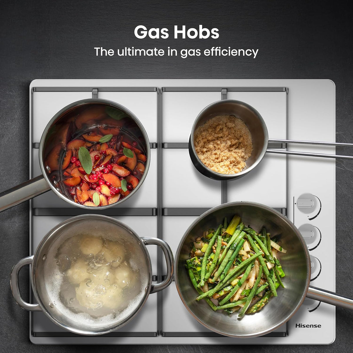 Hisense GM642XHS Built-in 60cm Gas Hob - Stainless Steel with 4 Cooking Areas, Easy Clean Surface, One -Hand Ignition, 60 x 52 x 8.9 cm (L x W x H)