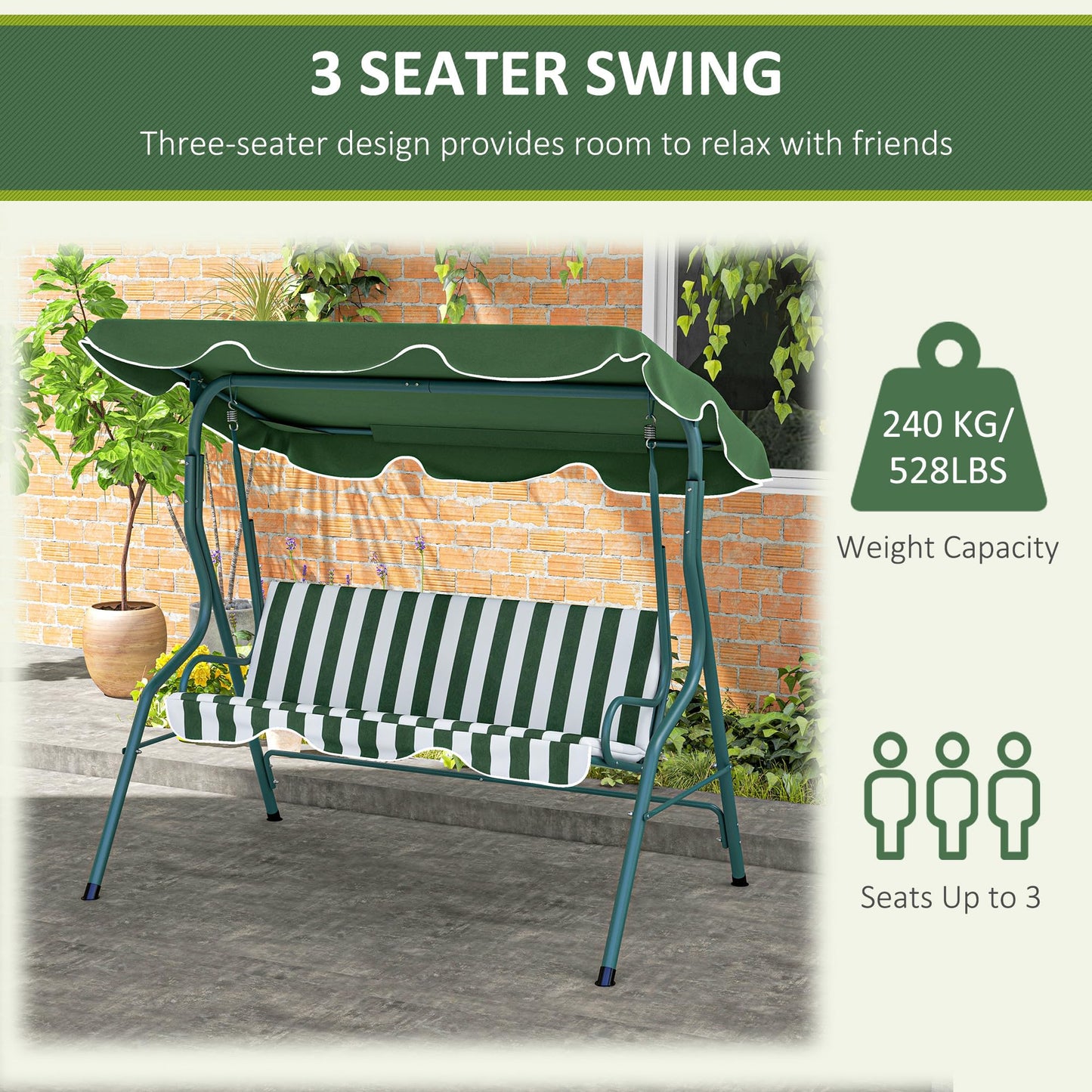 Outsunny 3 Seater Canopy Swing Chair Outdoor Garden Bench with Adjustable Canopy and Metal Frame - Blue Stripes