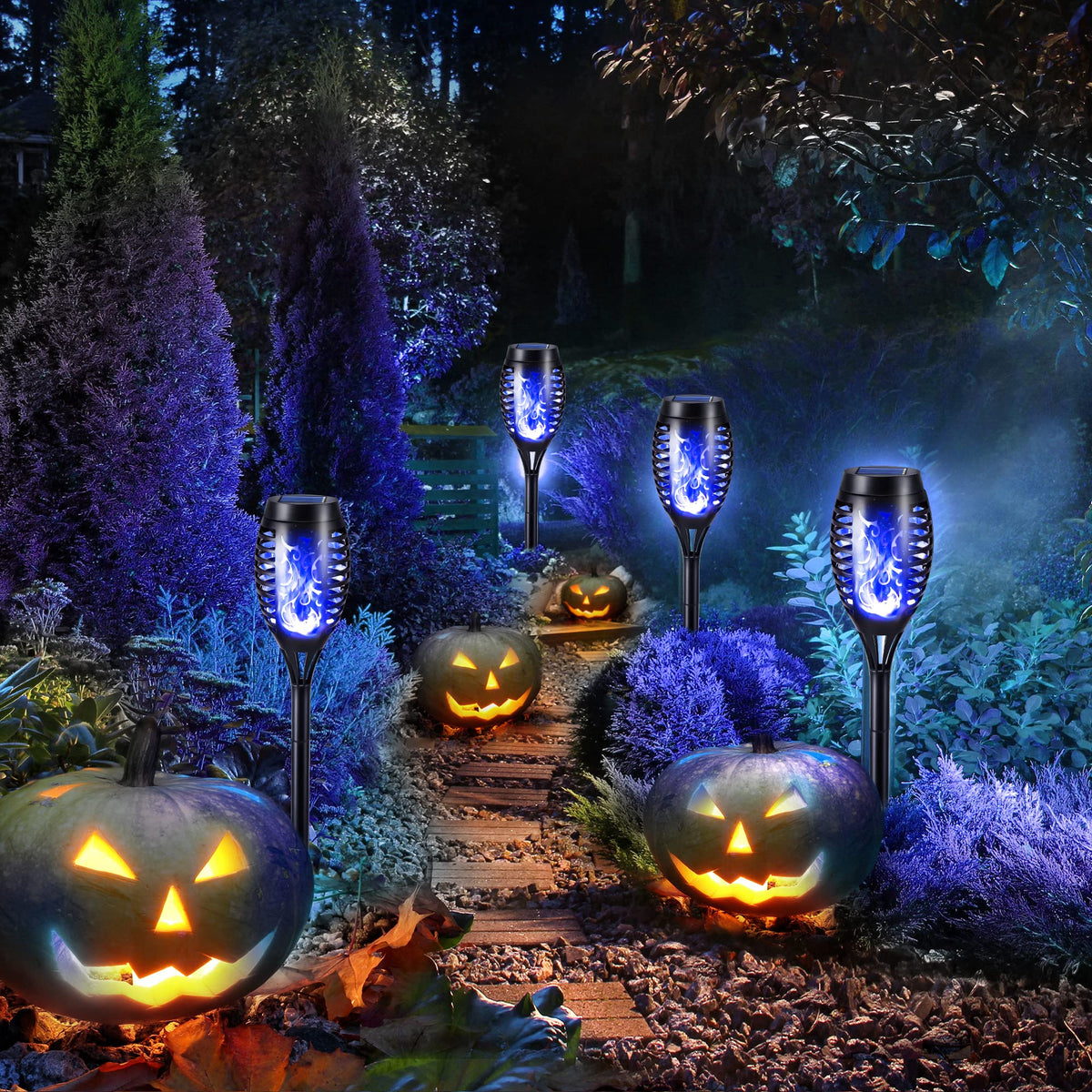 Geemoo 6 Pack Solar Flickering Dancing Flame Lights Waterproof Solar Torch Lights for Outdoor Garden Patio Pathway Yard Driveway Decorative, Warm White