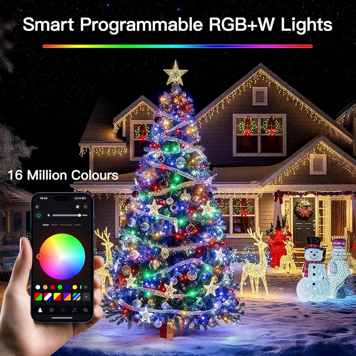 Ollny Smart Outdoor Fairy Lights, 20m 200 LEDs, RGB+W, App Control