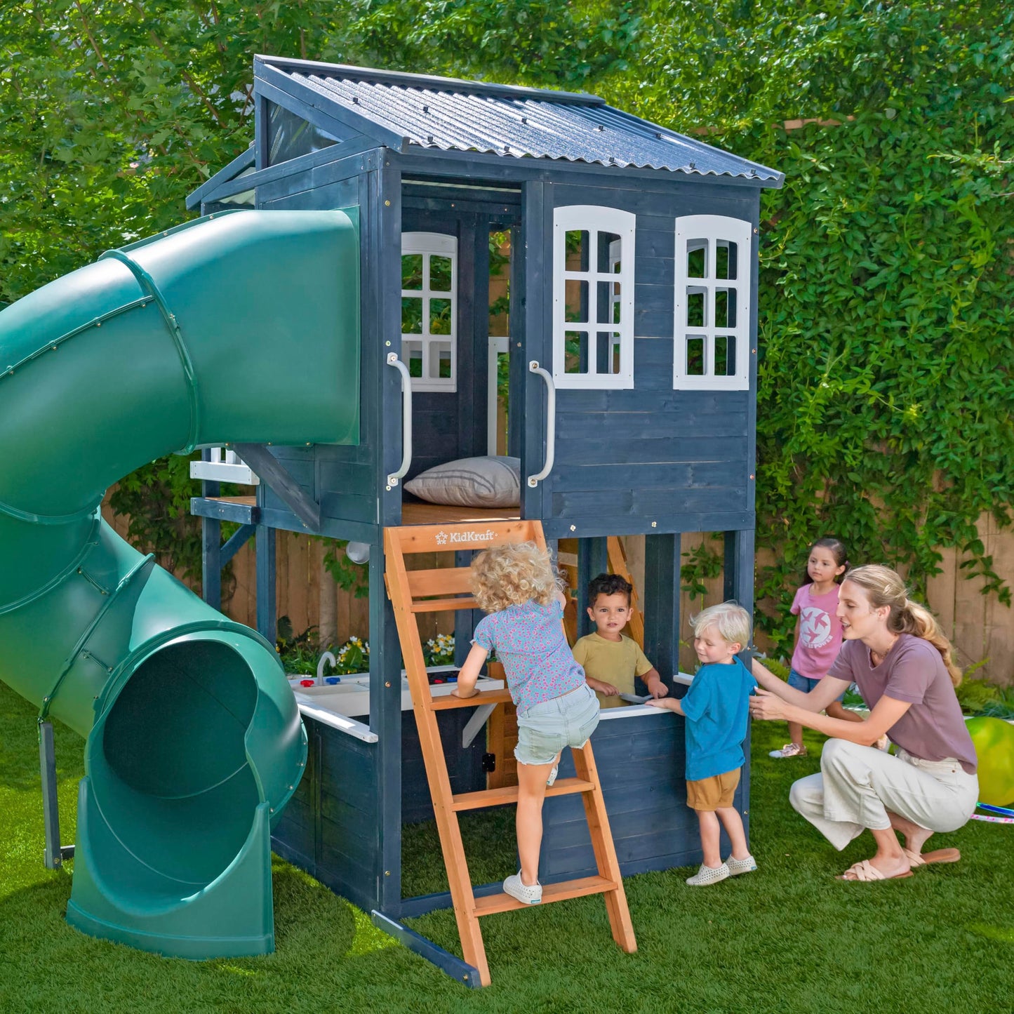 KidKraft Wooden Playhouse with Tube Slide – 2 Storey Outdoor Playground for Kids, Climbing Frame with Turbo Tube Slide & Rock Wall, Garden Play Tower