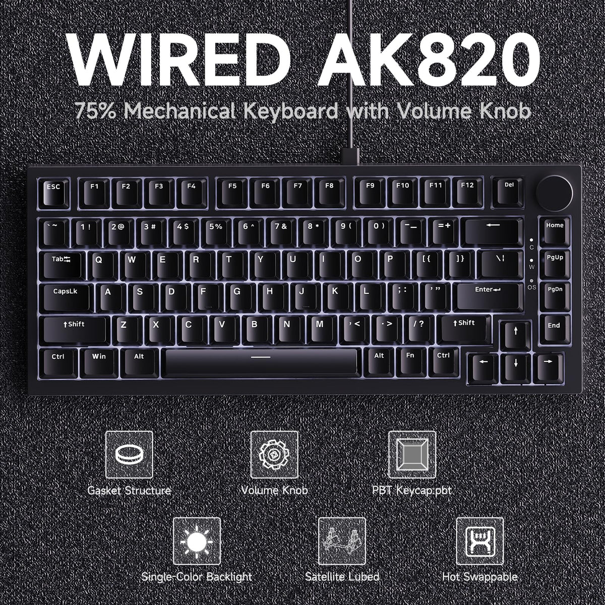 AJAZZ AK820 Wired Mechanical Keyboard, 75% Gaming Keyboard with Volume Control Knob, PBT Keycaps, 82 Keys, Five-Layer Sound Insulation Pad, South-Oriented RGB, Full-Key Hot Swap, Black Grey Yellow
