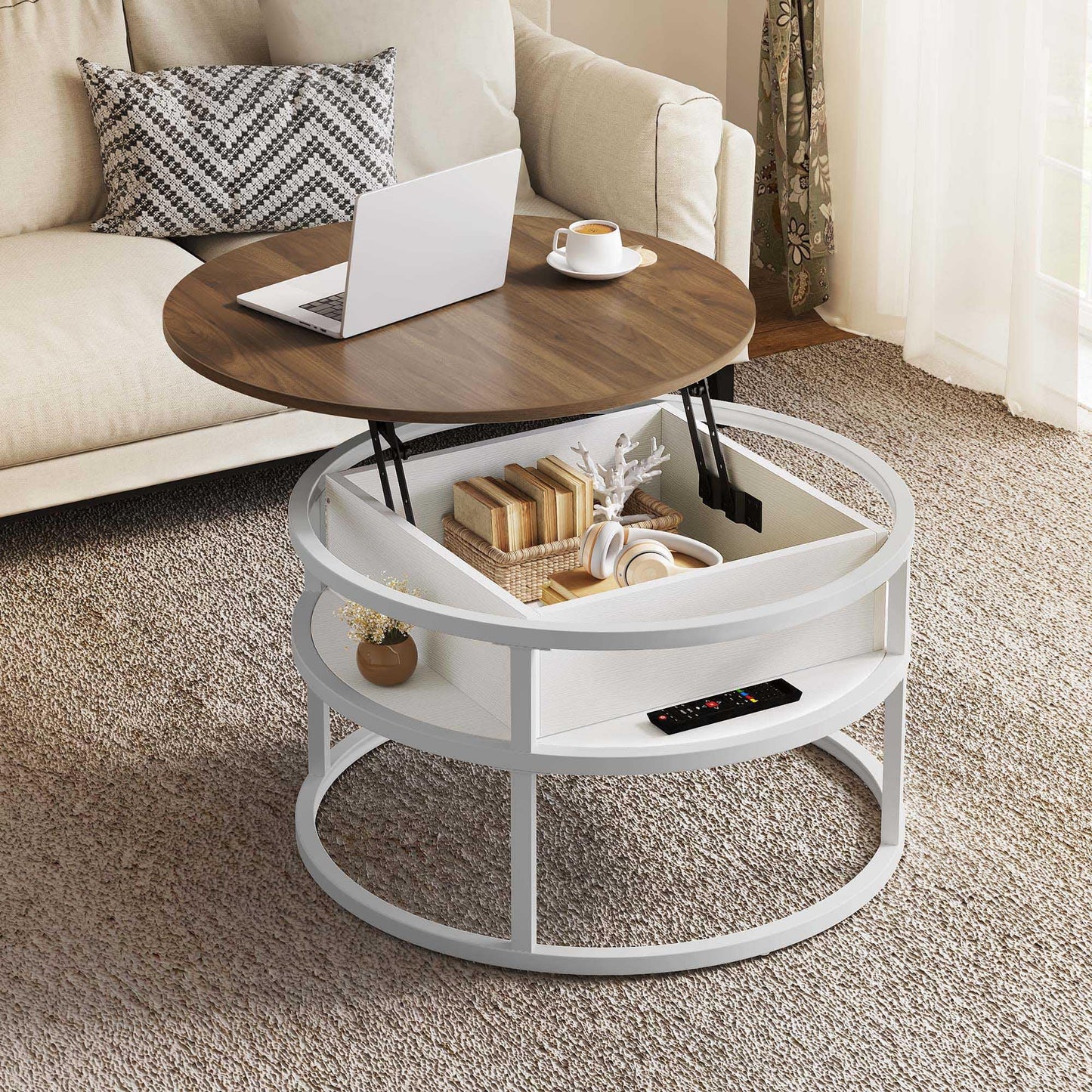 YITAHOME Coffee Table with Lift Top, lift up Coffee Table Round with Hidden Storage Compartment, 60x60x47cm