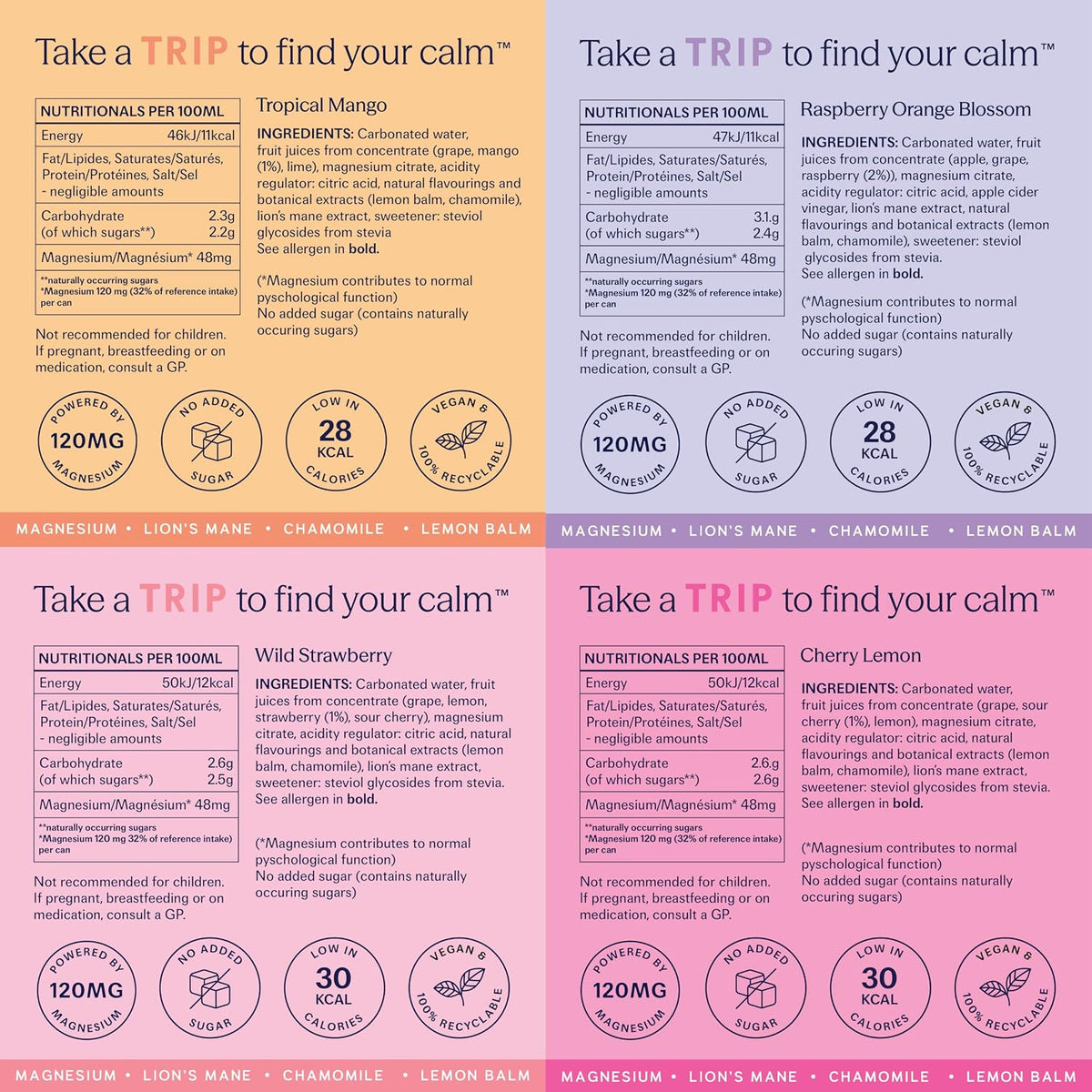 TRIP Calm Magnesium Drink, Sparkling Mocktail, Ultimate Sampler Mix, 12pack