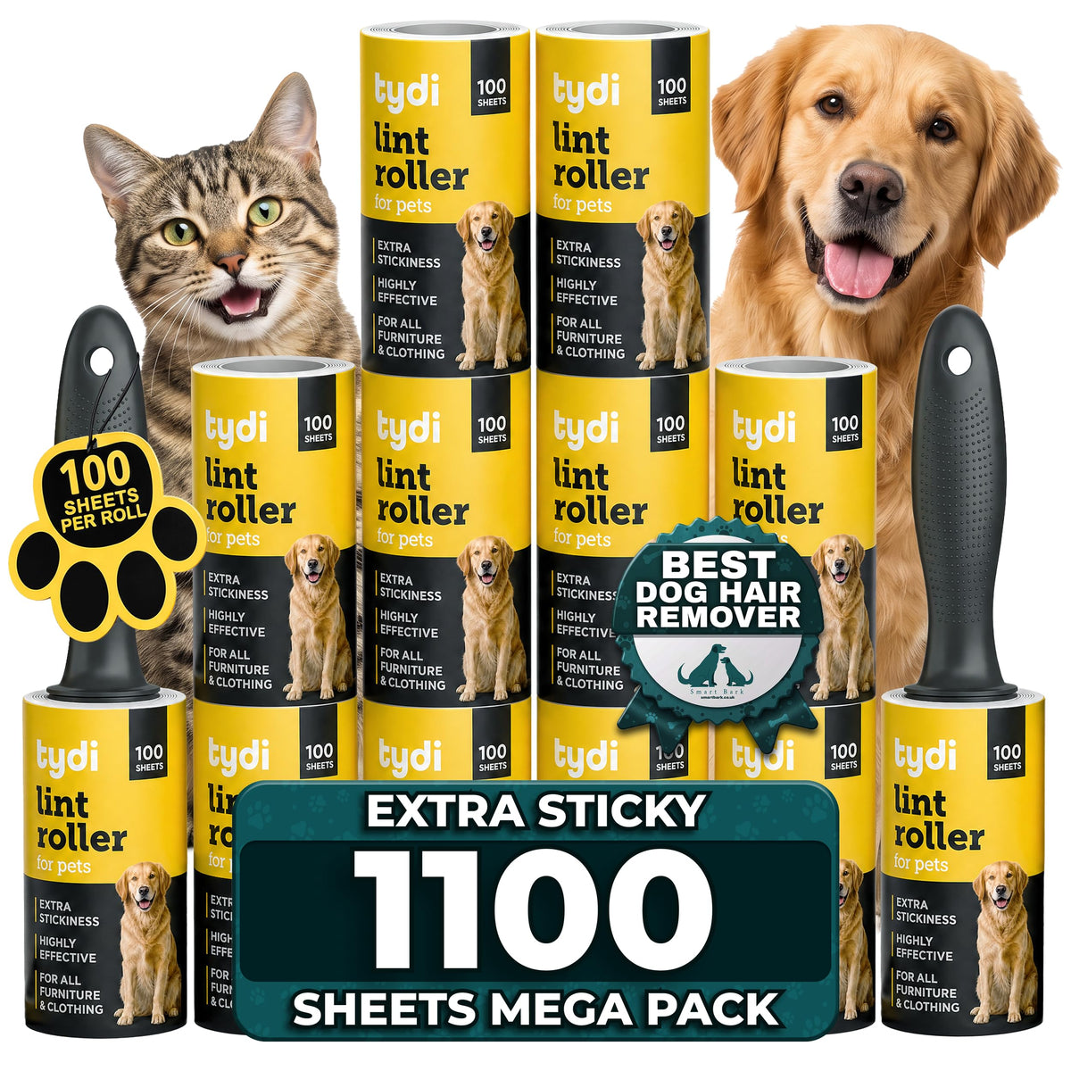 Tydi Pet Hair Lint Rollers, 1700 Sheets with 2 Handles