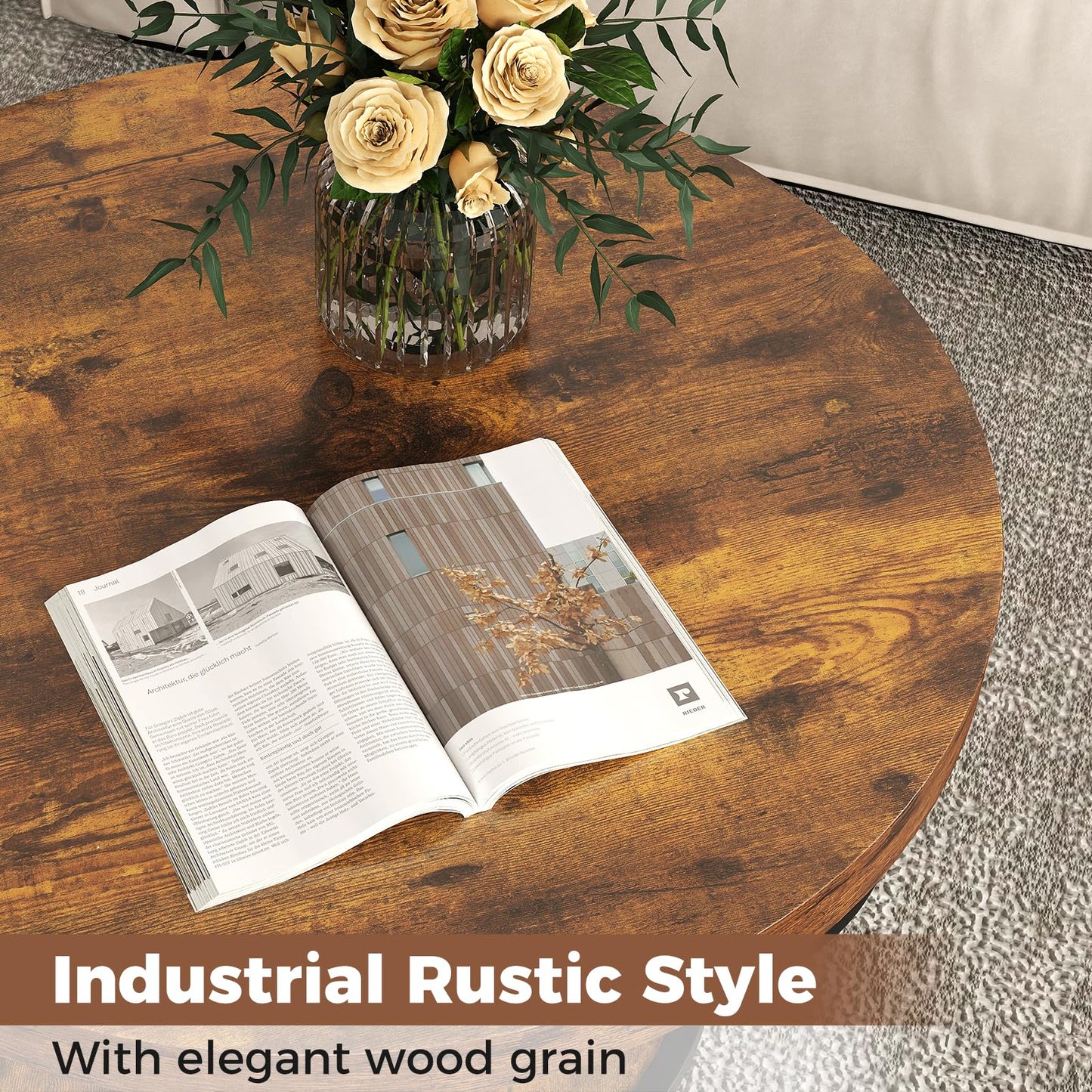 COSTWAY 2-Tier Round Coffee Table with Storage Shelf, Metal Frame Industrial Accent Cocktail Center Unit Sofa Side Tea Table for Living Room, Bedroom and Office, 80x80x45cm (Rustic Brown+Black)