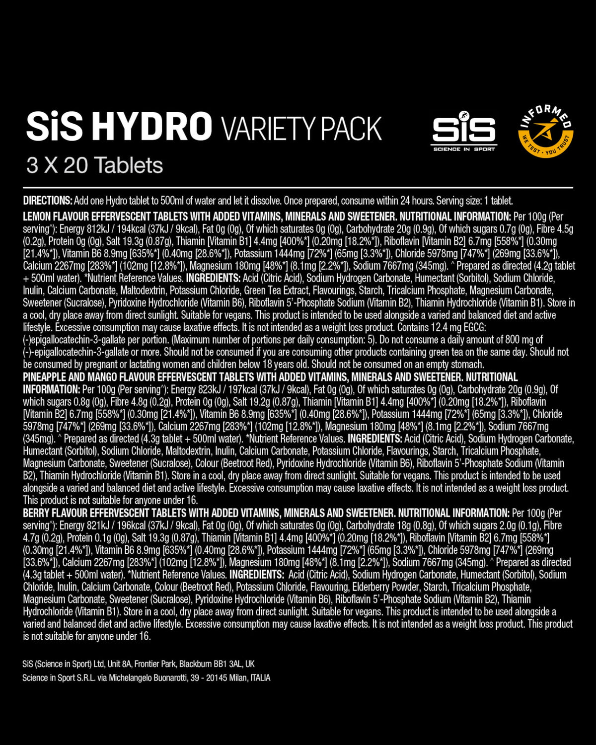 Science in Sport Hydro Electrolyte Tablets, Berry, 20 Tablets