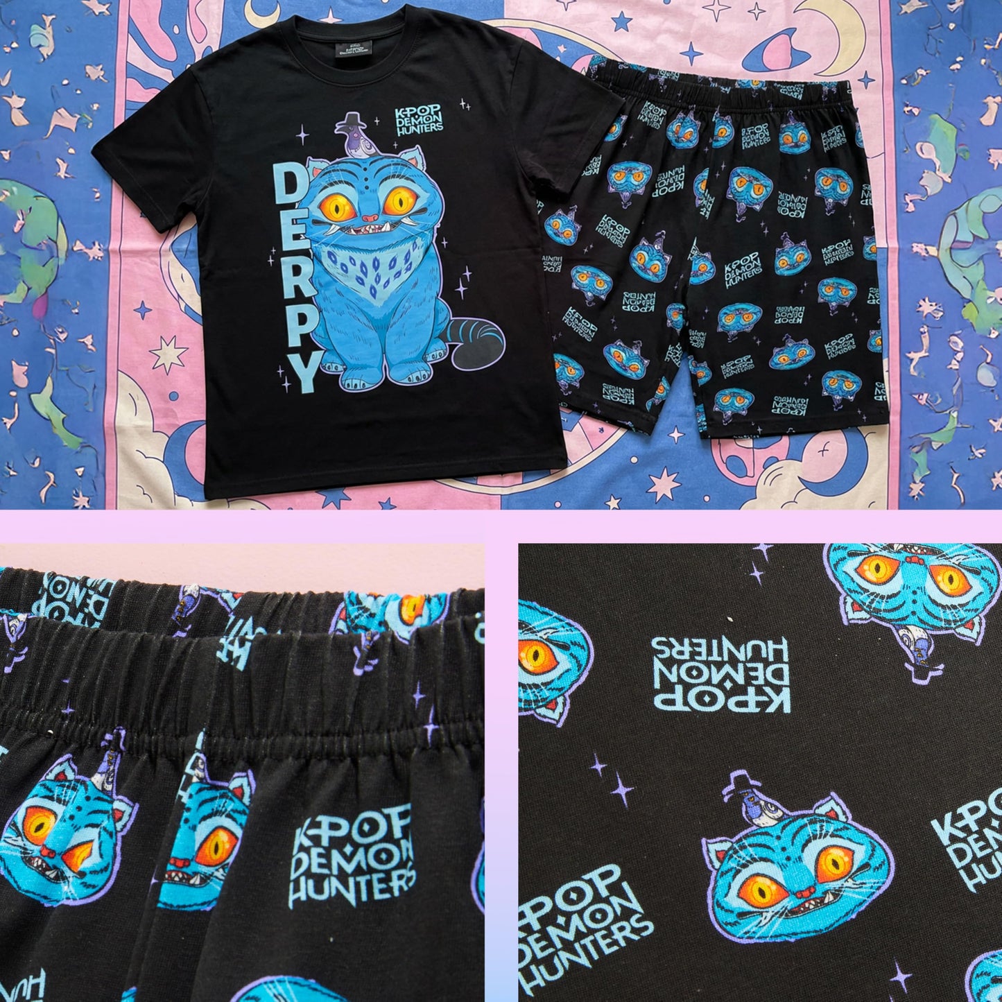 KPop Demon Hunters Official Girls Pyjama Set 5-14 Yrs, 2 Pcs Pjs Shorts & T-shirt, Huntrix Saja Boys Derpy Tiger Merch Gifts