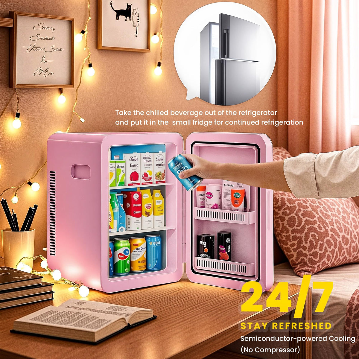 Mini Fridge 22L/30 Cans, Cooler & Warmer for Bedroom, AC & 12V DC