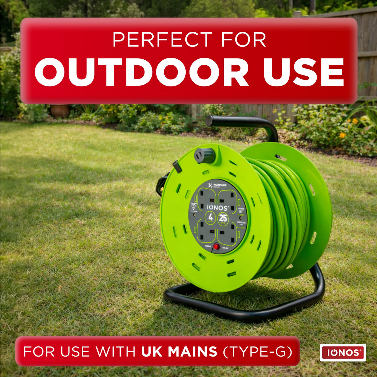 IONOS 2 Socket Cable Reel, 10m Outdoor Garden Extension Lead, DIY