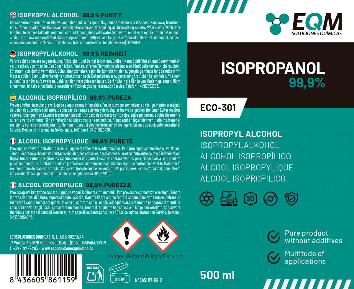 EQM - ECO-301 - Isopropyl Alcohol 99.9% Pure - Cleaning Isopropanol 1L