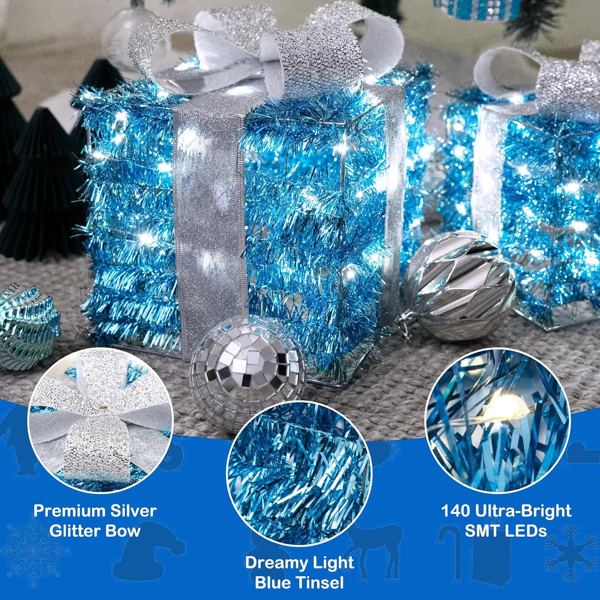 Set of 3 Blue Lighted Boxes, Silver Bows, Christmas Decor Indoor/Outdoor