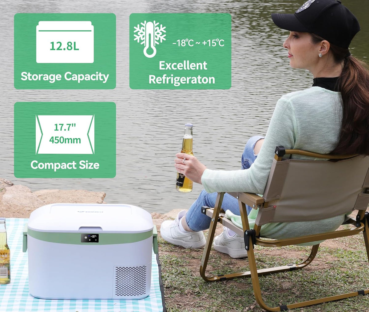 BINGI 12.8L Car Fridge Freezer Portable Compressor Cooler, 12V/24V DC & 100-240V AC Mini Refrigerator for Camping, RV, Truck, Boat, Travel, Picnic, Home Use (-18℃ to 15℃)
