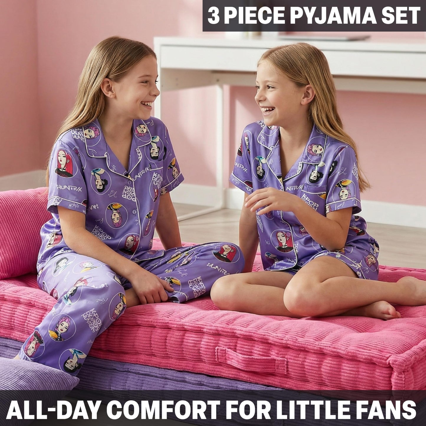 Get Trend KPop Demon Hunters Huntrix Girls Satin Pyjama Set 5-14 Yrs, 3 Pcs Button-Down Shirt, Pj Shorts & Loungewear Bottoms