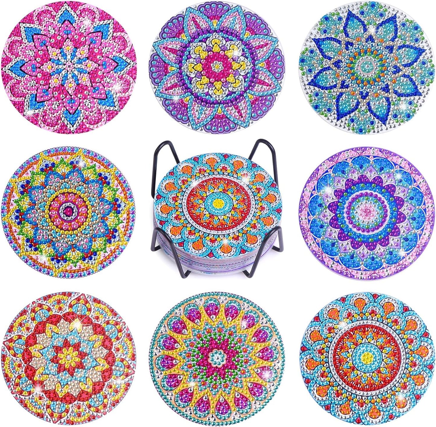 8 Pcs Flowers Diamond Art Coasters Kits for Adults Begainners,Full Drill Diamond Painting Coasters Kit with Holder,DIY Gem Painting Craft Kits for Adults Supplies Gift (Flowers).