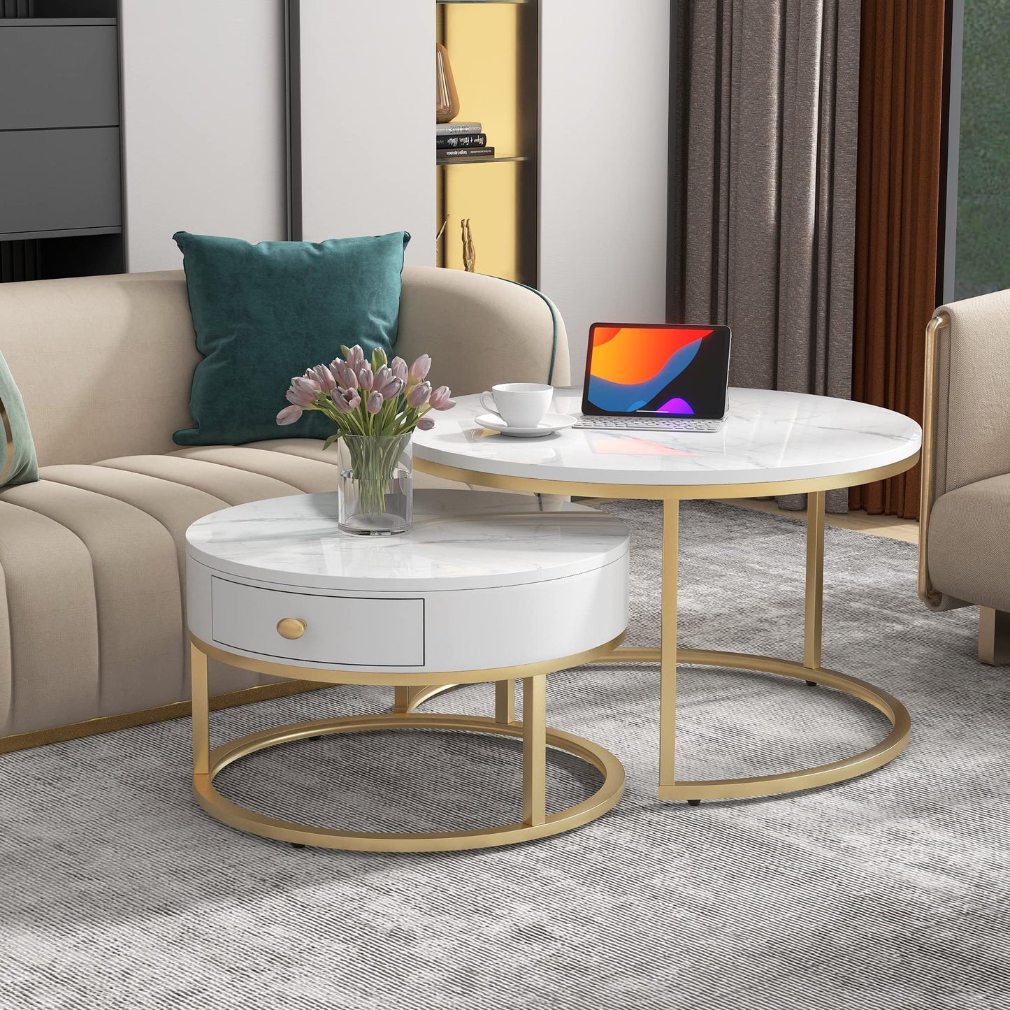 ModernLuxe 2-in-1 Coffee Table, Multi-functional Side Table with Marble Grain Veneer Top, Rattan Drawers, Solid Wood Handles, Gold Coloured Iron Legs, Round Nest of Tables for Living Room, Black
