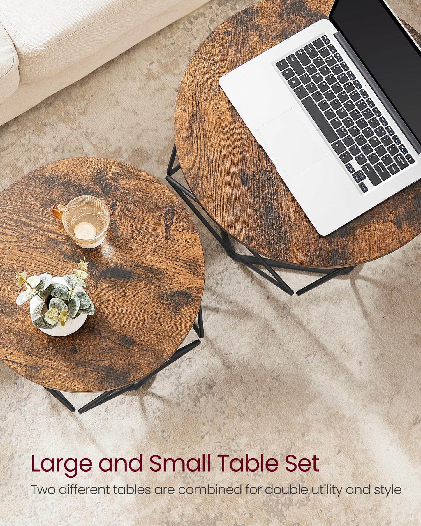 VASAGLE Coffee Tables, Set of 2 Side Tables, Robust Steel Frame, for Living Room, Bedroom, Rustic Brown and Black LET040B01