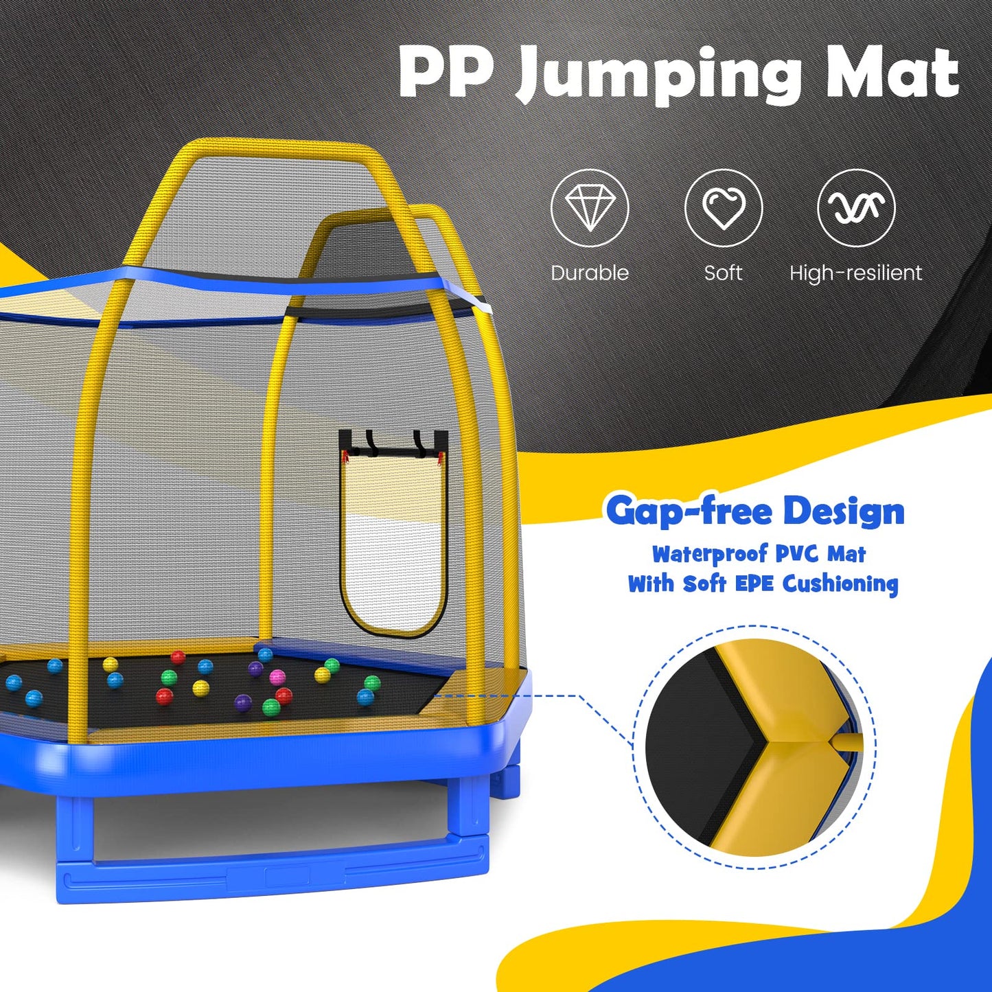 COSTWAY 7ft Kids Trampoline, Hexagonal Trampolines with Slide, Ladder, Safety Enclosure Net and Ocean Balls, Toddler Jumping House for Indoor Outdoor