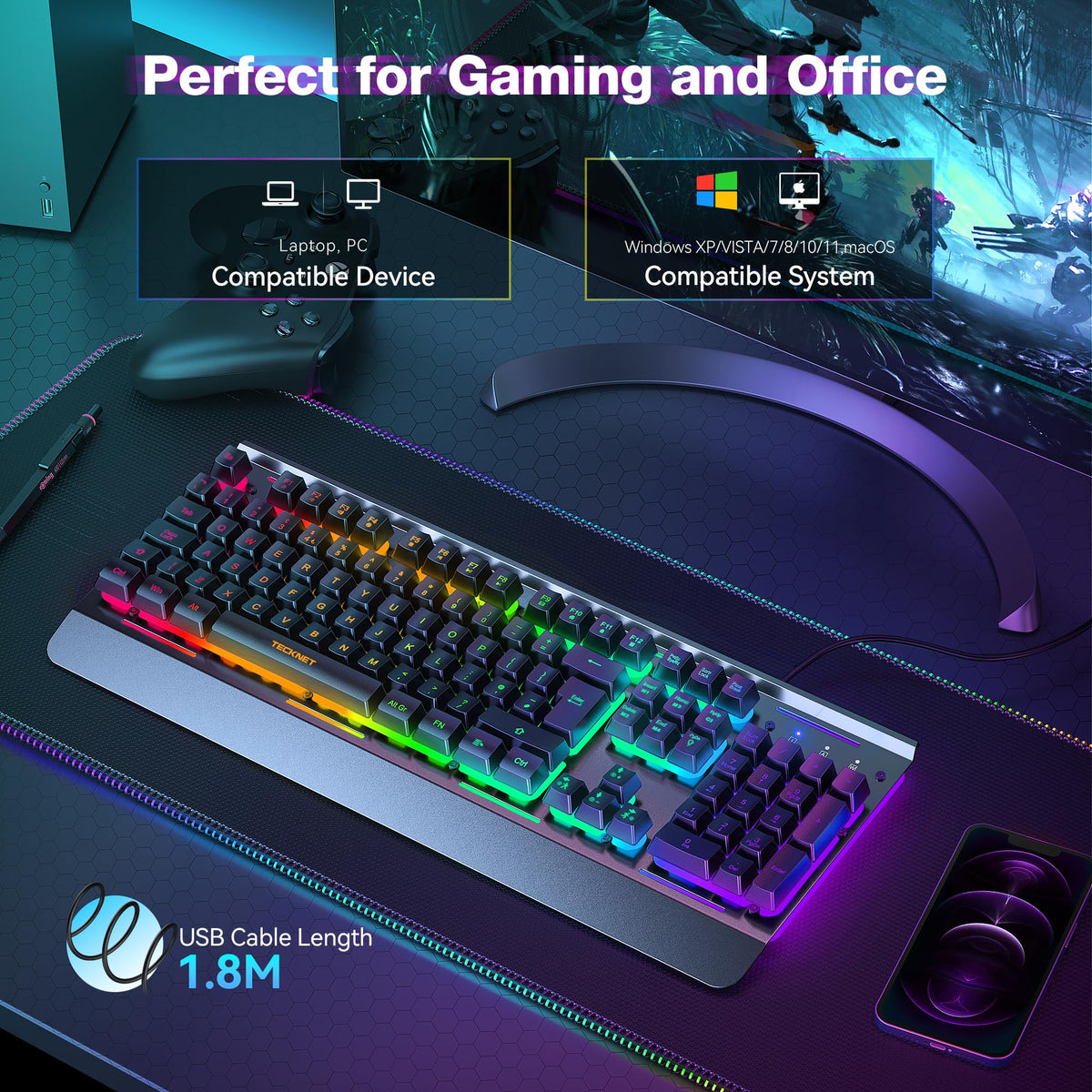 TECKNET RGB Gaming Keyboard UK Layout with 15-Zone RGB Illumination