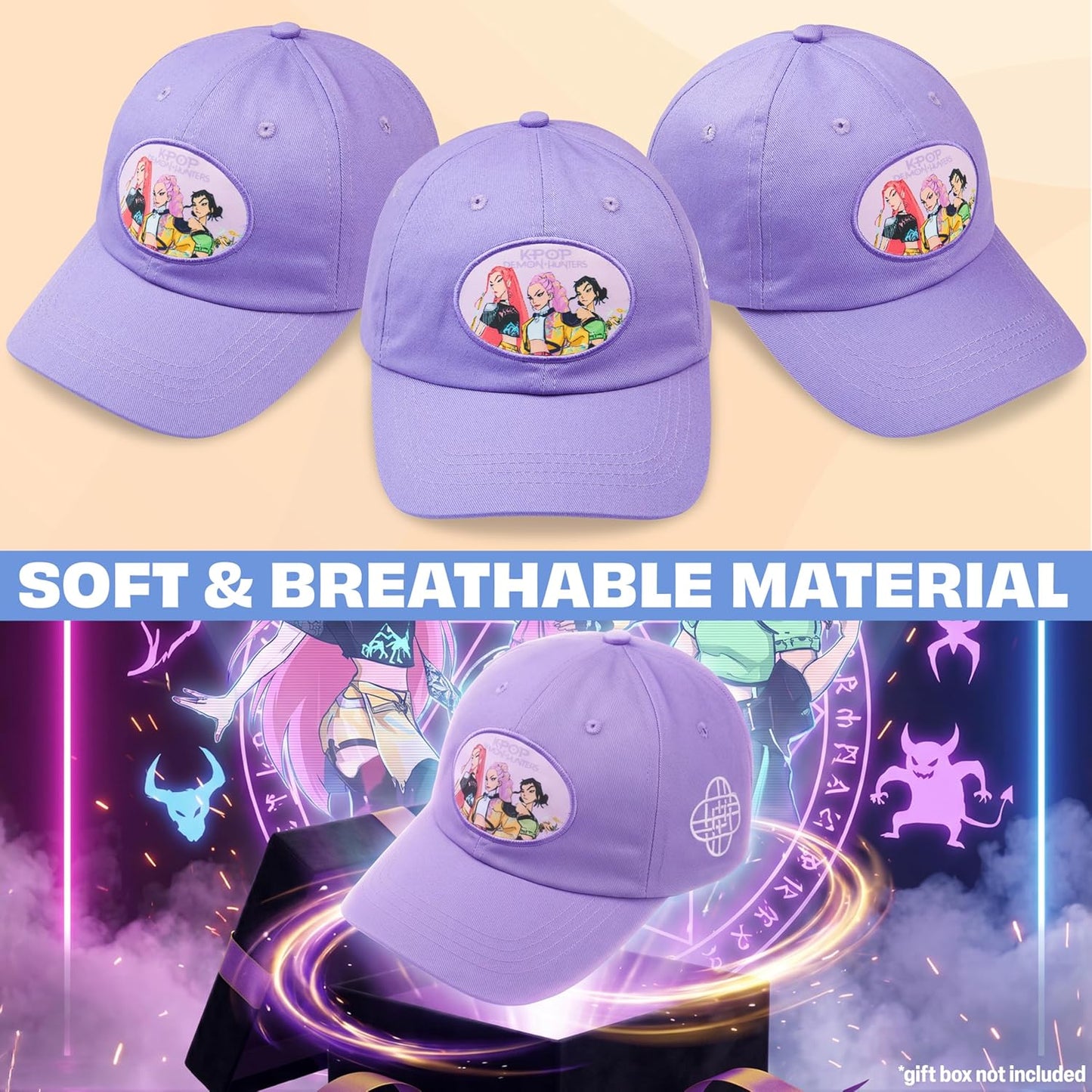 Get Trend Kpop Demon Hunters Huntrix Girls Baseball Cap, Adjustable Cotton Snapback Trucker Cap, Purple Sun Hat for Girls, Summer Bucket Hat, Travel Holiday Accessories, Kpop Gifts