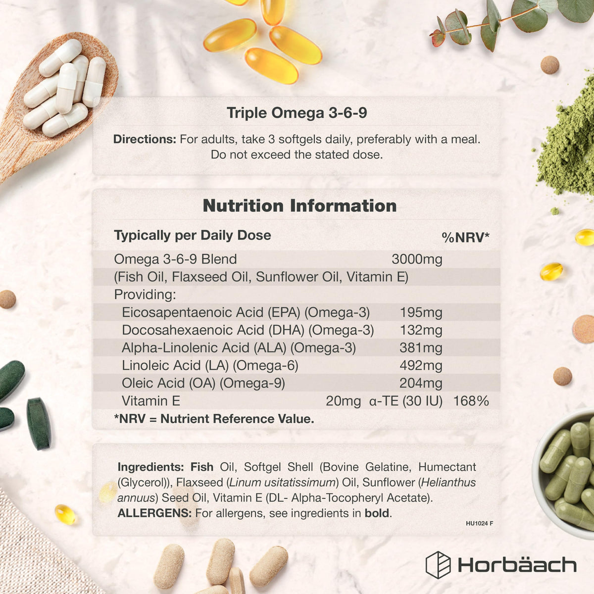 Triple Omega 3 6 9 Capsules 3000mg ALA, LA & OA - 240 Softgels