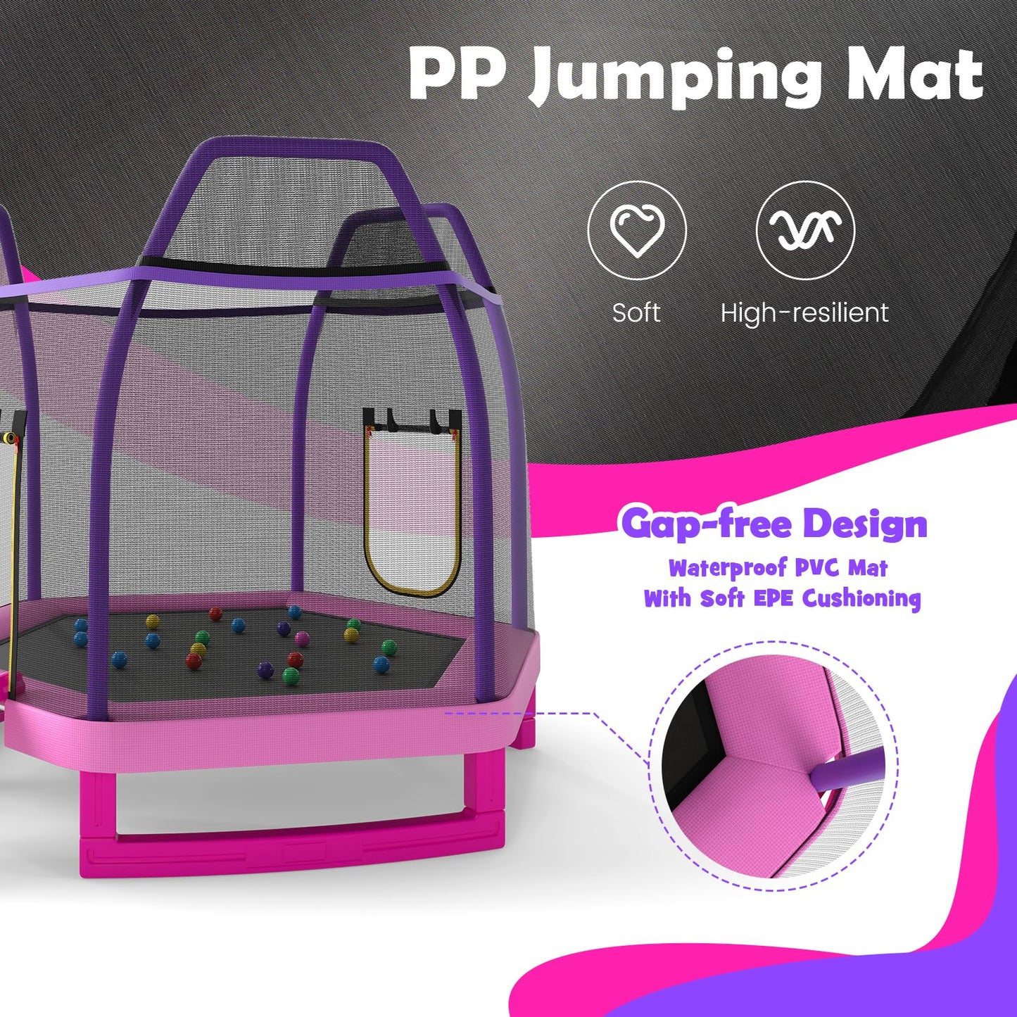 COSTWAY 7ft Kids Trampoline, Hexagonal Trampolines with Slide, Ladder, Safety Enclosure Net and Ocean Balls, Toddler Jumping House for Indoor Outdoor