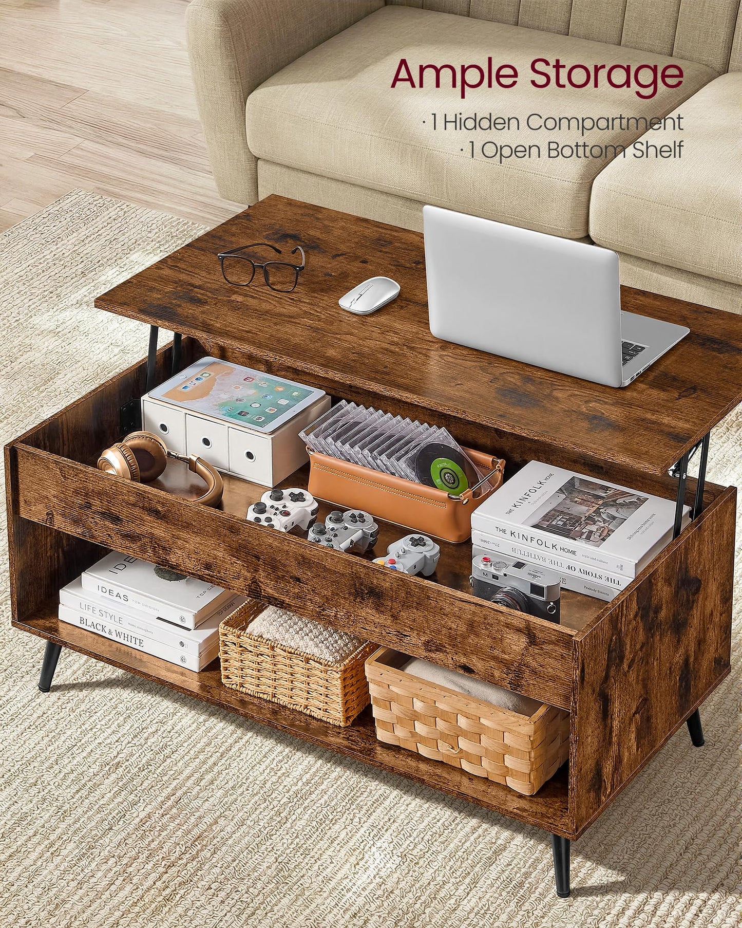 VASAGLE Lift Top Coffee Table, Lift Tabletop Dining Table, Gas Spring, Hidden Compartment, Open Storage Shelf, for Living Room, Home Office, Rustic Brown and Matte Black LCT267KD01