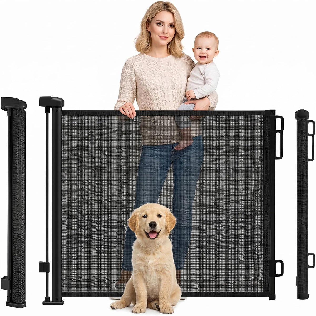 Rainberg Retractable Stair Gate for Baby & Pet with Secure 2-Step Lock 150cm Wide & 80cm Tall, One Hand Operated Baby Gate, Child Safety Gate for Doorways Stairs, Hallways, Kitchen (Grey)