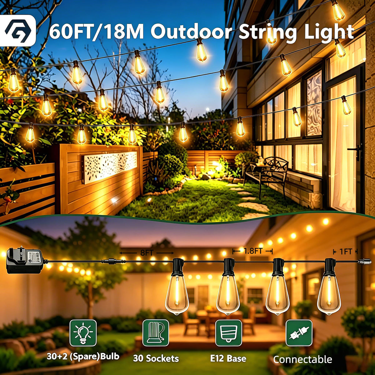 GPATIO Garden Lights, 30FT/9M LED Festoon Lights with 16 Shatterproof Bulbs