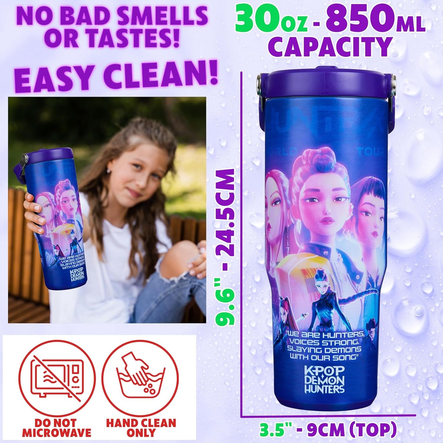 KPop Demon Hunters Official Tumbler 30oz/850ml, Insulated Water Bottle with Straw & Handle, Leakproof Stainless Steel Metal Flask for Hot Cold Drinks