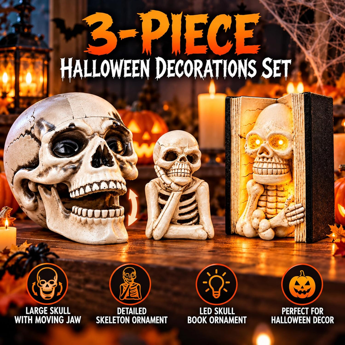 Skull Halloween Decorations Set – 3-Piece Skeleton Halloween Ornaments Collection - Large Skull, Thinking Skeleton & Skeleton Bookend for Halloween Table Decorations, Shelf, Desk & Displays