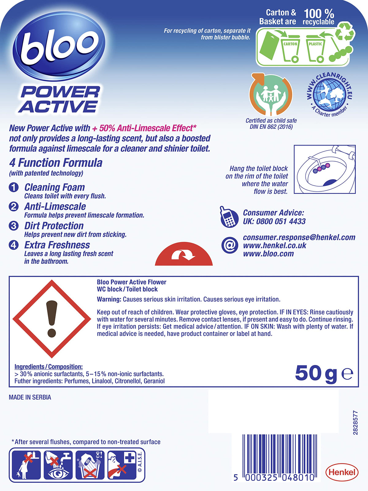 Bloo Power Active Toilet Rim Block & Freshener, Fresh Flowers, Pack of 1