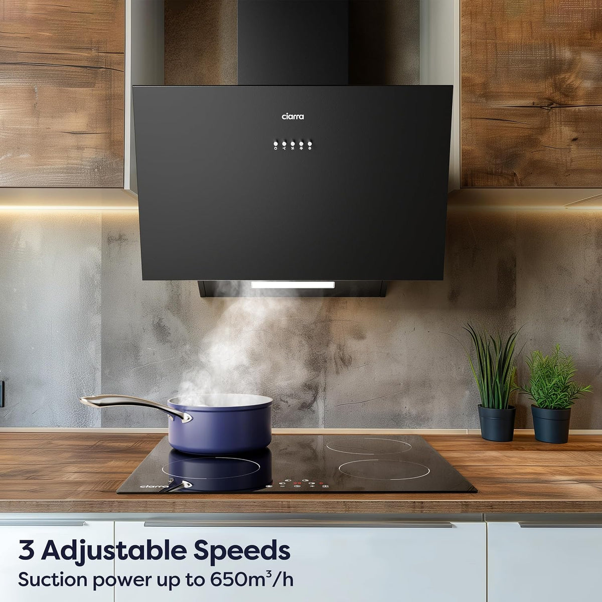 CIARRA CBCB6736C Angled Cooker Hood 60cm with CBCF002X2 Carbon Filters Recirculating & Ducting LED Lights Black Painting&Tempered Glass Wall Mounted Range Hood 600mm Kitchen Extractor Fan