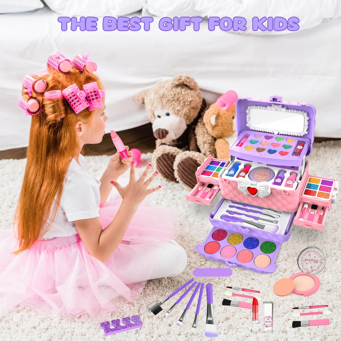 54 Pcs Kids Makeup Kits for Little Girls, Non-Toxic and Safe, Princess Real Washable Pretend Play Cosmetic Set Toys with Mirror, Birthday Gifts for 3 4 5 6 7 8 9 10-12 Years Old Girls Kids