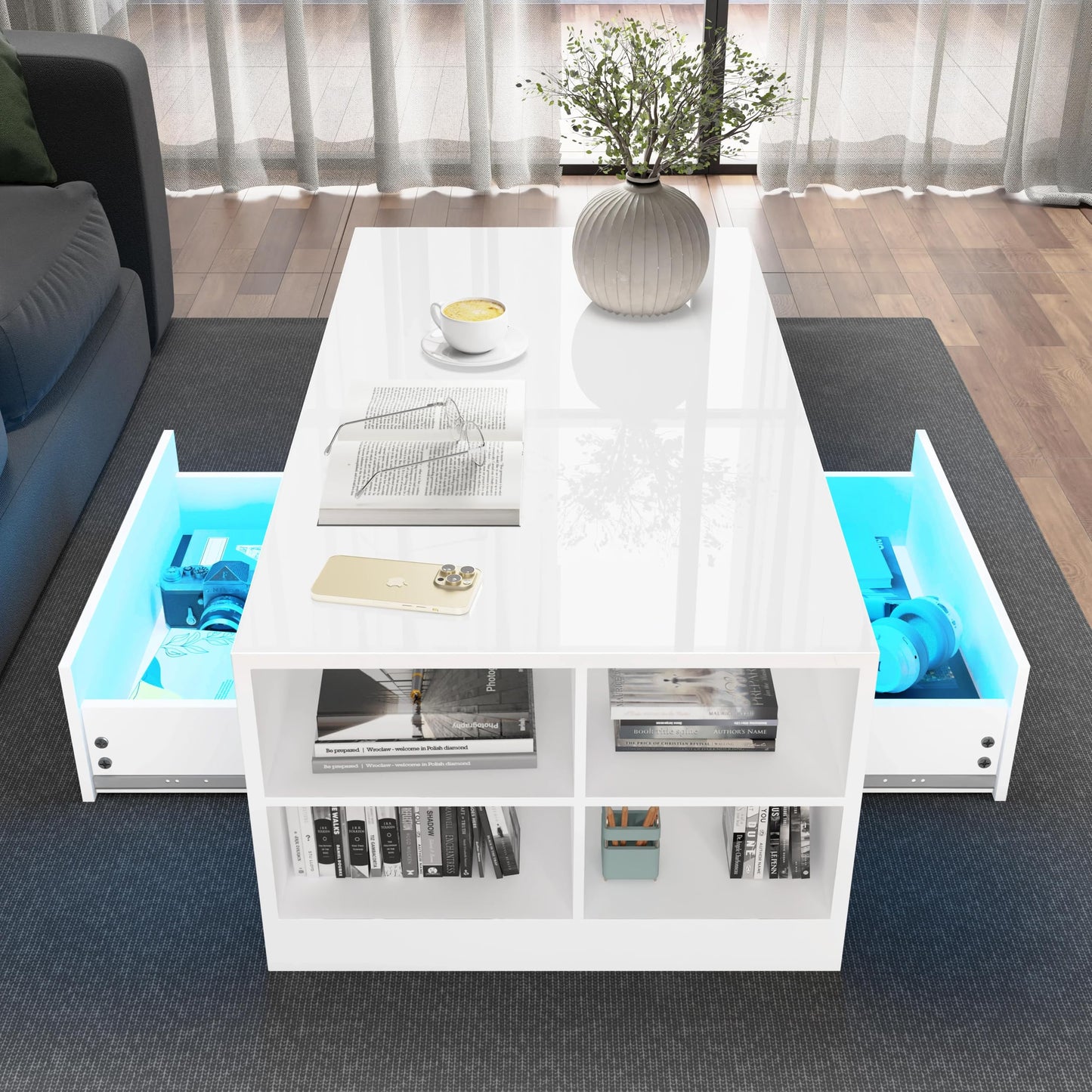 Blisswood Led Coffee Table with 2 Drawer Storage, High Gloss Coffee Table for Living Room Wooden Centre Table with RGB Led Lights Rectangle Tea Table for Living Room Furniture, Black