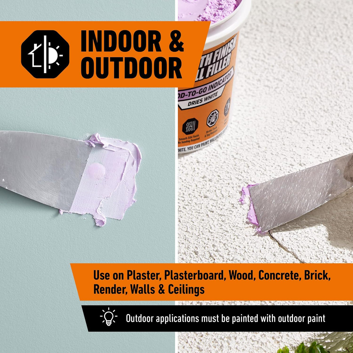 Gorilla Smooth Finish Wall Filler, 473ml – Applies Purple & Dries White | Repairs Small and Large Holes in Walls & Ceiling, Smooth Finish, Won’t Shrink or Crack, Fills any Depth| Indoor & Outdoor Use