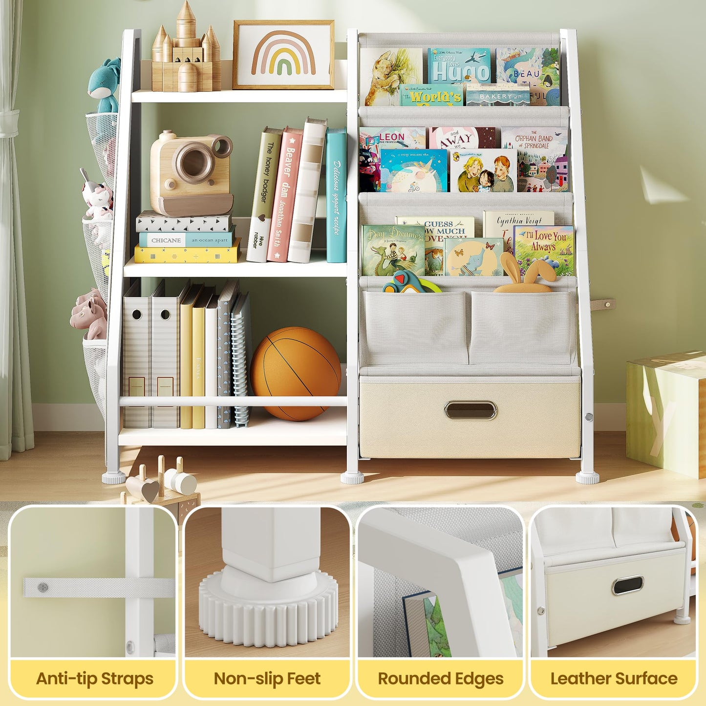 GoTiling Kids Bookshelf and Toy Storage Organizer: 3-Tier Sling Book Shelf with 3 Side Pockets for Kids Room - Toy Storage Organizer with 2 Fabric Drawers for Nursery, Bedroom, Playroom